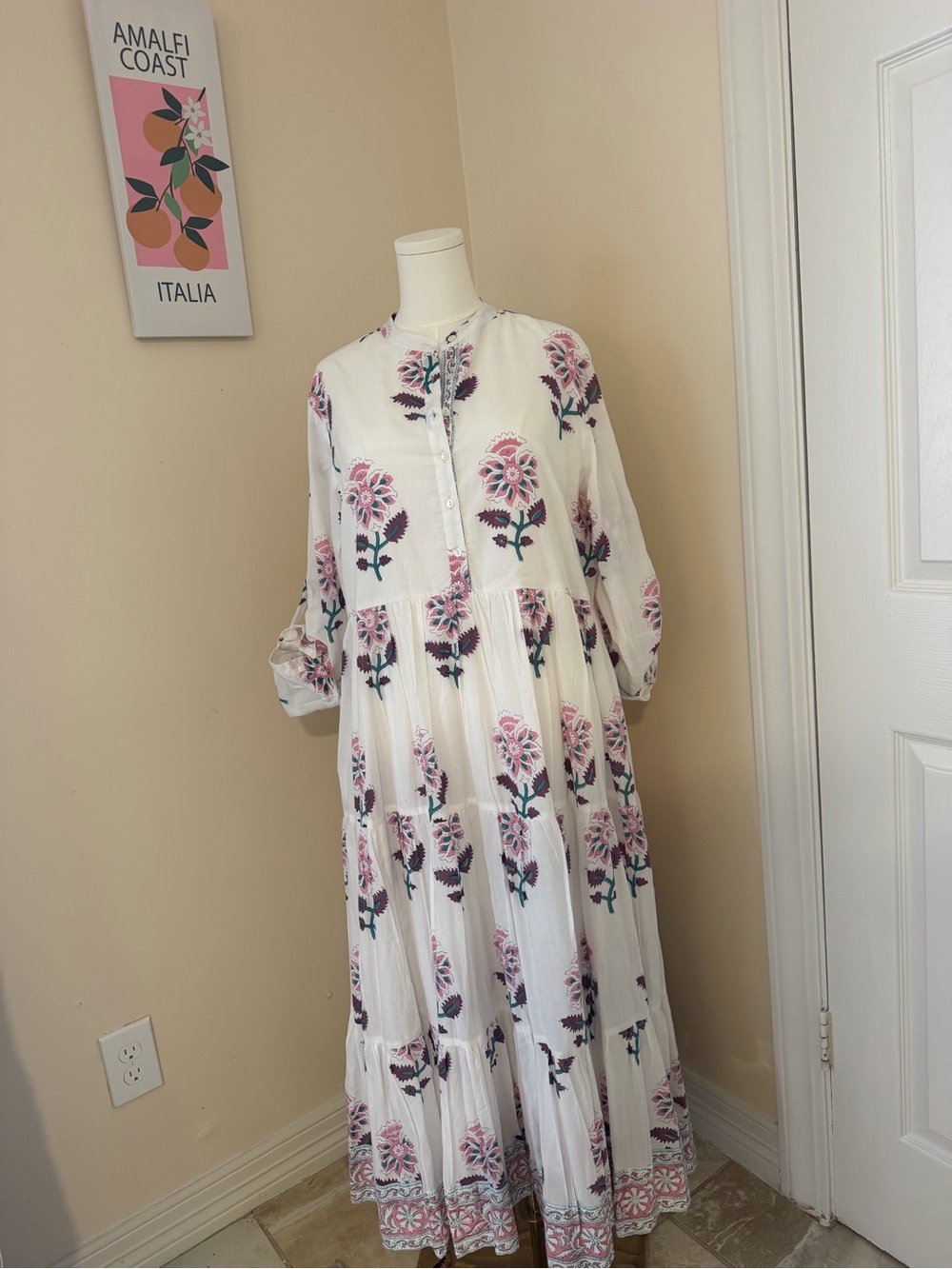 Oliphant White Maxi Dress with Pink Floral Embroidery